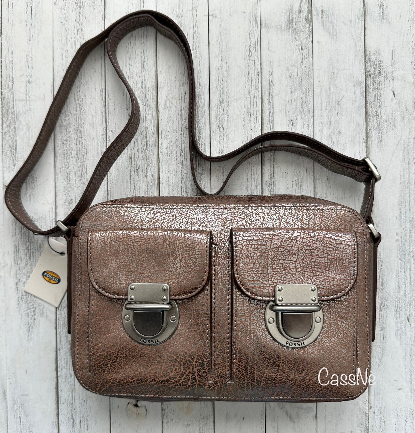 Fossil Riley Metallic Top Zip Camera Crossbody Handbag